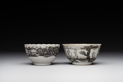 Two Chinese export grisaille cups and saucers and a plate, Qianlong