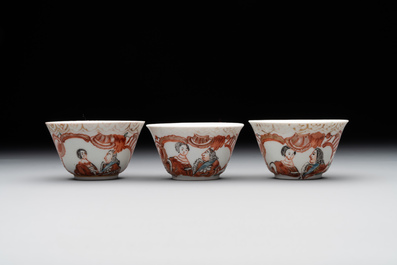 Six Japanese Dutch-decorated or Amsterdams bont 'William and Mary' cups and saucers, Edo, 18th C.