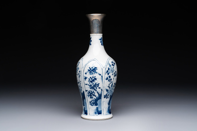 A Chinese blue and white silver-mounted vase with floral design, Kangxi