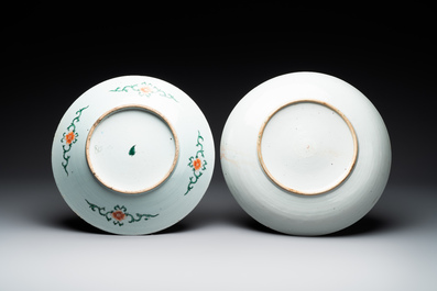 A Chinese famille verte and a famille rose dish with birds among blossom branches, 19th C.