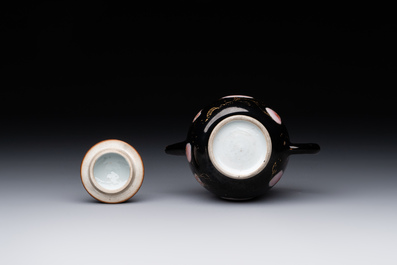 A Chinese famille verte teapot and a famille rose black-ground teapot, Kangxi/Yongzheng