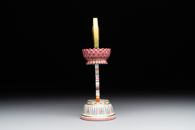 A rare Chinese famille rose Buddhist emblem altar ornament, Qianlong mark and of the period