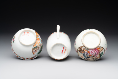 Three Chinese export famille rose 'European subject' cups and two saucers, Qianlong