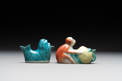 Two Chinese famille rose and turquoise-glazed water droppers, Kangxi/Qianlong