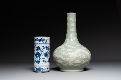 A Chinese celadon-ground slib design 'dragon' vase and Chinese blue and white vase or incense container, 19th C.