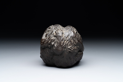 A Japanese bronze okimono with three monkeys, Yoshinobu seal mark, Meiji period