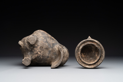 A Chinese painted terracotta owl-shaped 'zun' wine vessel, Han