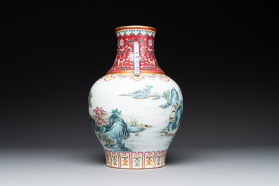 A Chinese famille rose 'mountainous landscape' vase, Qianlong mark, 19/20th C.