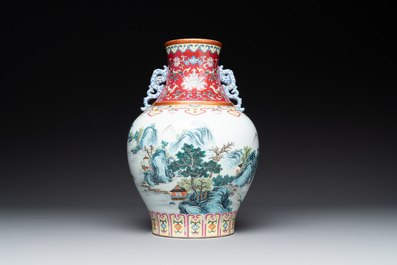 A Chinese famille rose 'mountainous landscape' vase, Qianlong mark, 19/20th C.