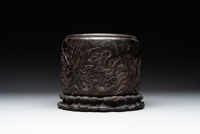 A Chinese Zitan wood 'chilong' brush pot, 17/18th C.
