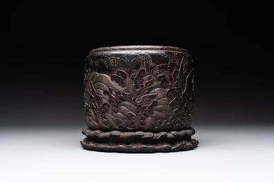 A Chinese Zitan wood 'chilong' brush pot, 17/18th C.