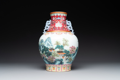 A Chinese famille rose 'mountainous landscape' vase, Qianlong mark, 19/20th C.