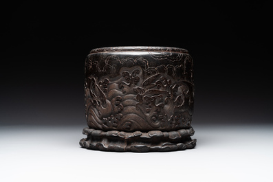 A Chinese Zitan wood 'chilong' brush pot, 17/18th C.