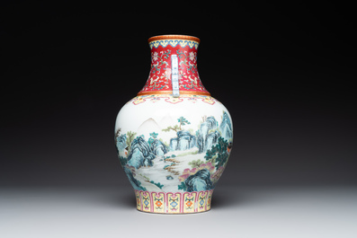 A Chinese famille rose 'mountainous landscape' vase, Qianlong mark, 19/20th C.