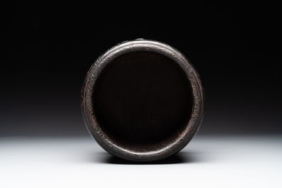 A Chinese Zitan wood 'chilong' brush pot, 17/18th C.