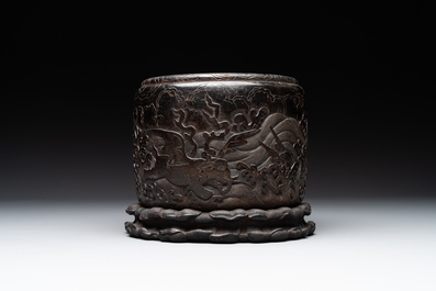 A Chinese Zitan wood 'chilong' brush pot, 17/18th C.
