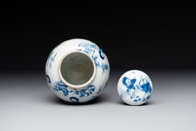 A Chinese blue and white tea caddy and cover with ladies playing music, Kangxi