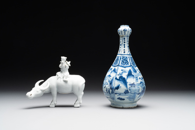 A Chinese blue and white garlic-mouth vase and a white glazed group of a boy on a buffalo, Wanli/Qianlong