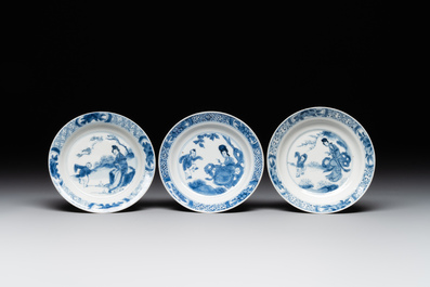 A Chinese blue and white vase, a covered bowl and six saucers, Chenghua and artemisia leaf mark, Kangxi