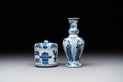 A Chinese blue and white vase, a covered bowl and six saucers, Chenghua and artemisia leaf mark, Kangxi