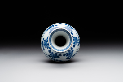 A Chinese blue and white vase, a covered bowl and six saucers, Chenghua and artemisia leaf mark, Kangxi