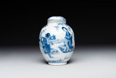 A Chinese blue and white tea caddy and cover with ladies playing music, Kangxi