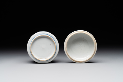 A Chinese blue and white vase, a covered bowl and six saucers, Chenghua and artemisia leaf mark, Kangxi
