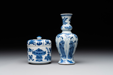 A Chinese blue and white vase, a covered bowl and six saucers, Chenghua and artemisia leaf mark, Kangxi