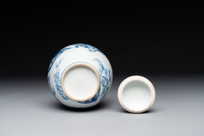 A Chinese blue and white tea caddy and cover with ladies playing music, Kangxi