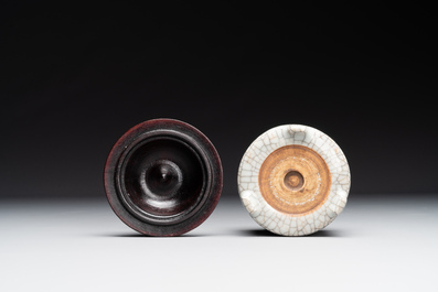Two Chinese ge-type cylindrical censers with one wooden cover and two stands, Qianlong