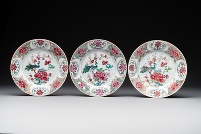Six Chinese famille rose 'peacock and flowers' plates, Yongzheng