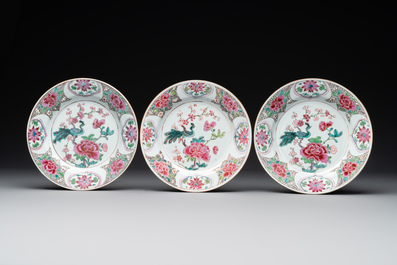 Six Chinese famille rose 'peacock and flowers' plates, Yongzheng