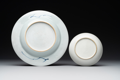Six Chinese blue and white 'floral' bowls, a pair of dishes, a saucer and an iron-red-decorated plate, Qianlong