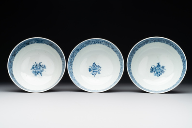 Six Chinese blue and white 'floral' bowls, a pair of dishes, a saucer and an iron-red-decorated plate, Qianlong