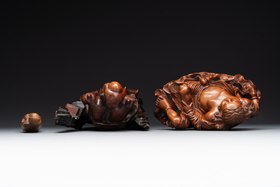 Two Chinese boxwood sculptures of Luohan and Liuhai and a bamboo sculpture of a sage, 17/19th C.