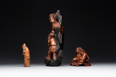 Two Chinese boxwood sculptures of Luohan and Liuhai and a bamboo sculpture of a sage, 17/19th C.