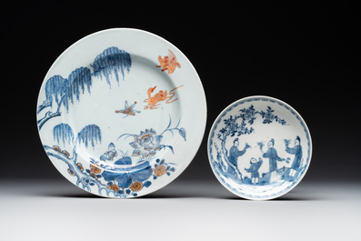 Six Chinese blue and white 'floral' bowls, a pair of dishes, a saucer and an iron-red-decorated plate, Qianlong
