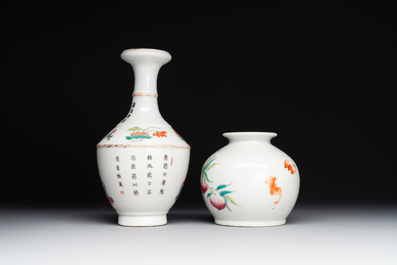 A rare Chinese famille rose 'Wu Shuang Pu' vase and a 'nine peaches' jar, Guangxu mark, 19th C.