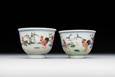 A pair of Chinese famille rose 'chicken' cups, Qianlong mark and of the period