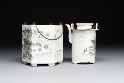 A hexagonal Chinese grisaille covered wine jug and warmer, signed Xinan Xushan 新安旭山, Guangxu mark, 19th C.