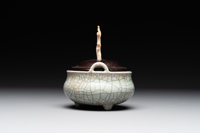 A Chinese ge-type censer with wooden stand and cover, Qianlong