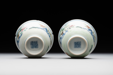 A pair of Chinese famille rose 'chicken' cups, Qianlong mark and of the period