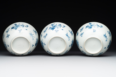 Six Chinese blue and white 'floral' bowls, a pair of dishes, a saucer and an iron-red-decorated plate, Qianlong