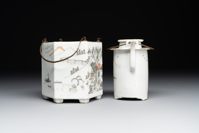 A hexagonal Chinese grisaille covered wine jug and warmer, signed Xinan Xushan 新安旭山, Guangxu mark, 19th C.