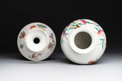 A rare Chinese famille rose 'Wu Shuang Pu' vase and a 'nine peaches' jar, Guangxu mark, 19th C.