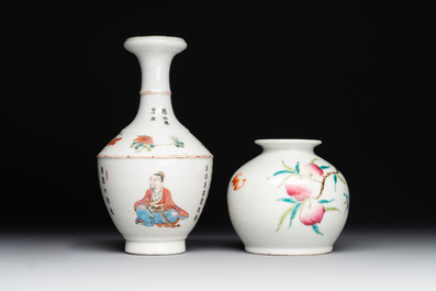 A rare Chinese famille rose 'Wu Shuang Pu' vase and a 'nine peaches' jar, Guangxu mark, 19th C.
