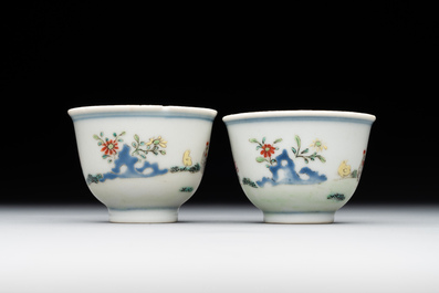 A pair of Chinese famille rose 'chicken' cups, Qianlong mark and of the period