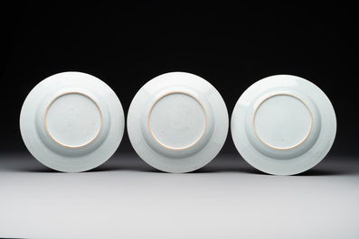 Six Chinese famille rose 'peacock and flowers' plates, Yongzheng