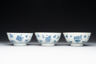 Six Chinese blue and white 'floral' bowls, a pair of dishes, a saucer and an iron-red-decorated plate, Qianlong