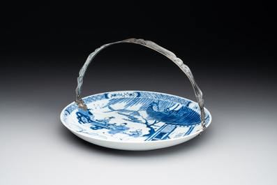 A Chinese blue and white 'Xi Xiang Ji' plate with silver mount, Yongzheng